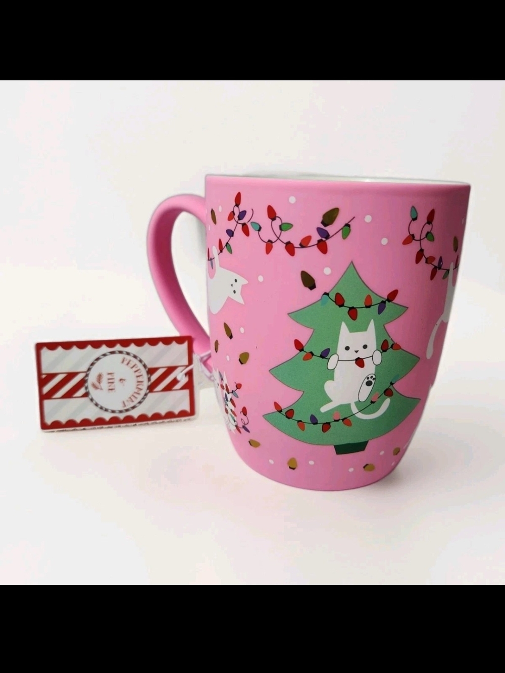 Peppermint & Pine Pink Holiday Cat & Christmas Lights Soft Touch Ceramic Mug